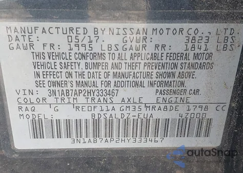 2017 Nissan Sentra Sv from USA, damaged, VIN 3N1AB7AP2HY333467